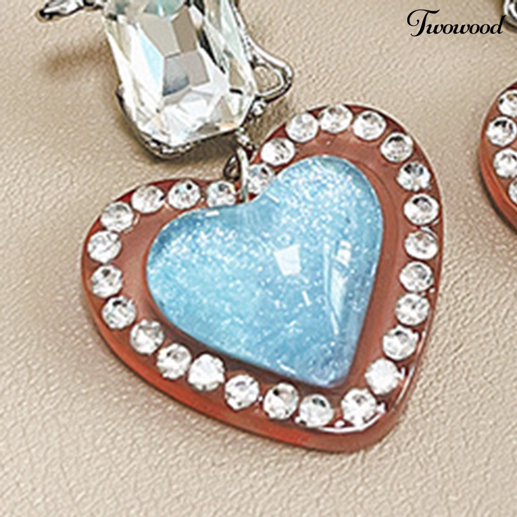 Twowood 1pasang Menjuntai Anting Vintage Romantis Bersinar Cubic Zirconia Hias Geometris Hadiah Wanita Hati Liontin Stud Earrings Pesona Perhiasan Untuk Pacaran