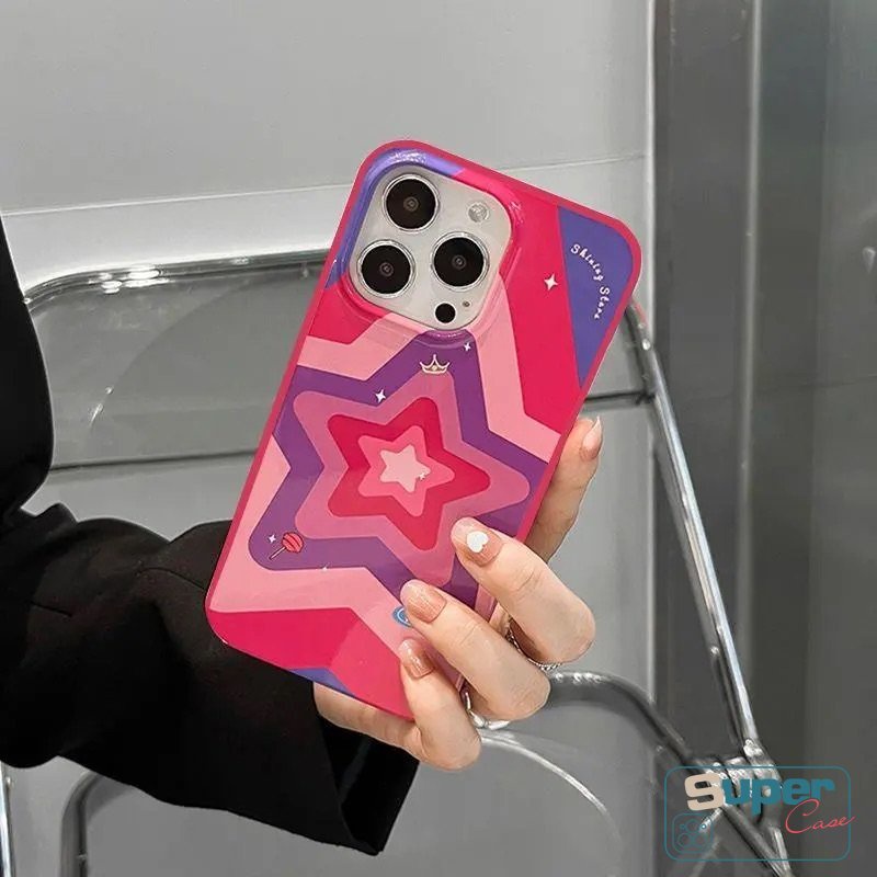 Ins Rose Red Gradient Star Love Heart Glossy Phone Case Kompatibel Untuk IPhone XR X 7Plus 11 13 14 12 Pro Max XS Max8 7 Plus SE 2020 Perlindungan Kamera Shockproof Soft Cover