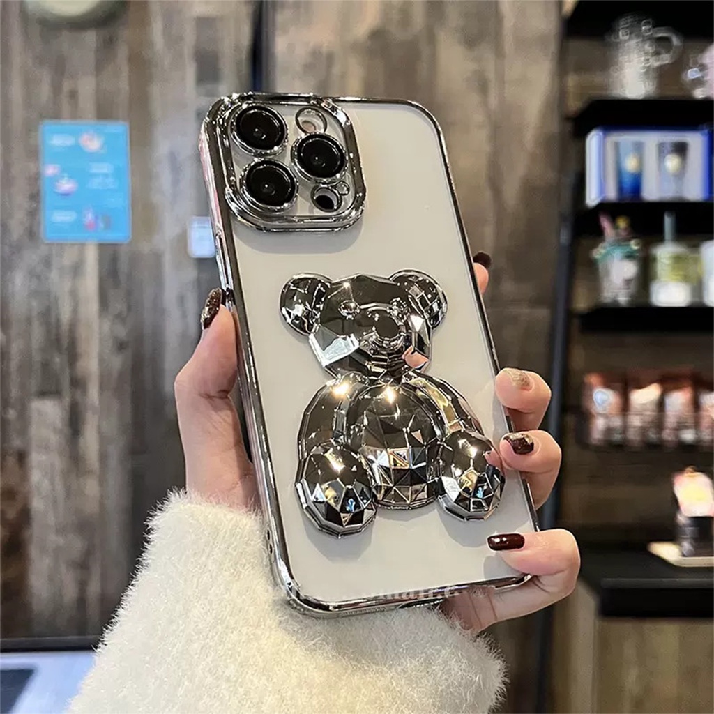 Luxury Metal 3D Cub Case iPhone 14 Pro Max Case iPhone 13 12 Pro Max Case14 Plus Promax Pelindung Kamera Lensa Case Iphone14 Transparan Shockproof TPU Penutup Belakang