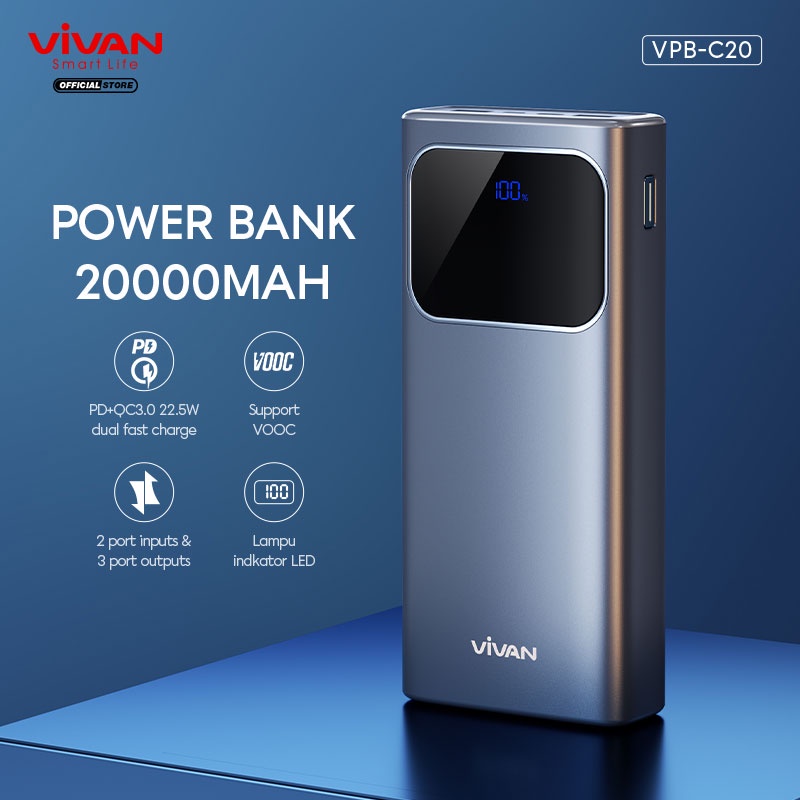 Powerbank 20000mAh VIVAN VPB-C20 3 Output Fast Charging 22.5W PD QC 3.0 VOOC Support Smartphone All Type-Garansi Resmi 18 Bulan