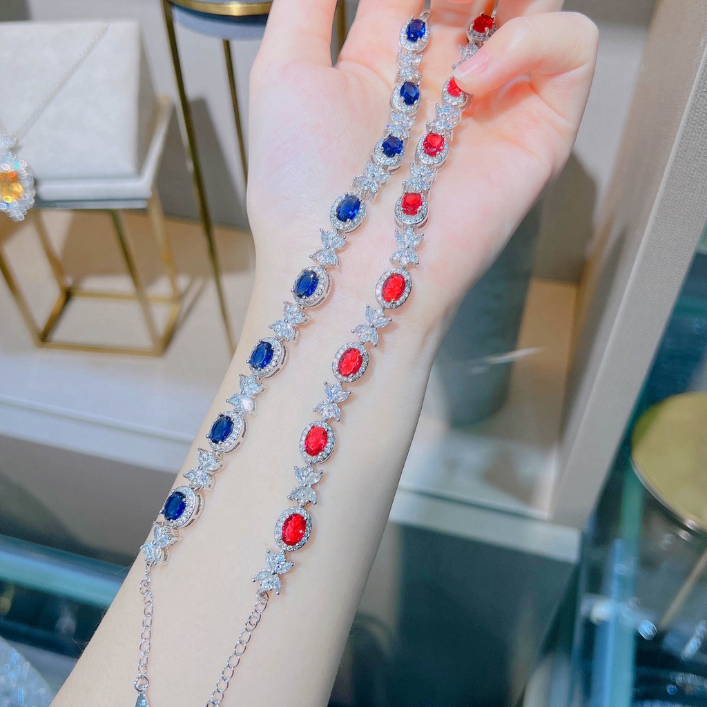 Goldkingdom Fashion Perhiasan Aksesoris Ready Stock Mewah Royal Sapphire Gelang Wanita Perjamuan Pacaran Harian Saudara Teh Siang Berlian Merah Caibao Gelang