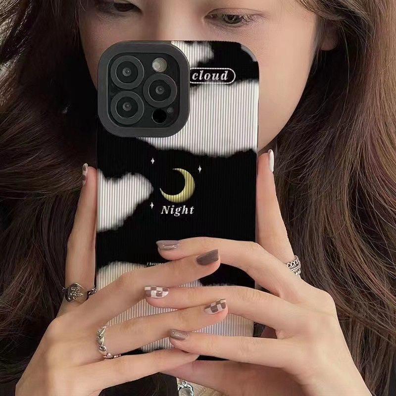 Black &amp; White Cloudy Moon Soft Case iP iPhone 7 8 Plus SE 2020 X XR XS Max 11 12 13 14 Pro Max FTD Stripe Casing Apple