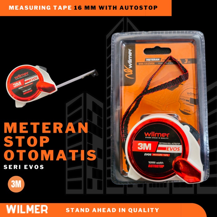 Meteran Karet Auto Stop Wilmer 3 Meter Kemasan Blister Bagus Lock 3m