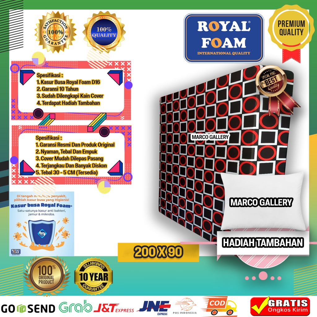 [200X90] Kasur Busa ROYAL FOAM D16 Ukuran 200 X 90 cm Garansi 10 Tahun Anti Kempes GRATIS Bantal Mem