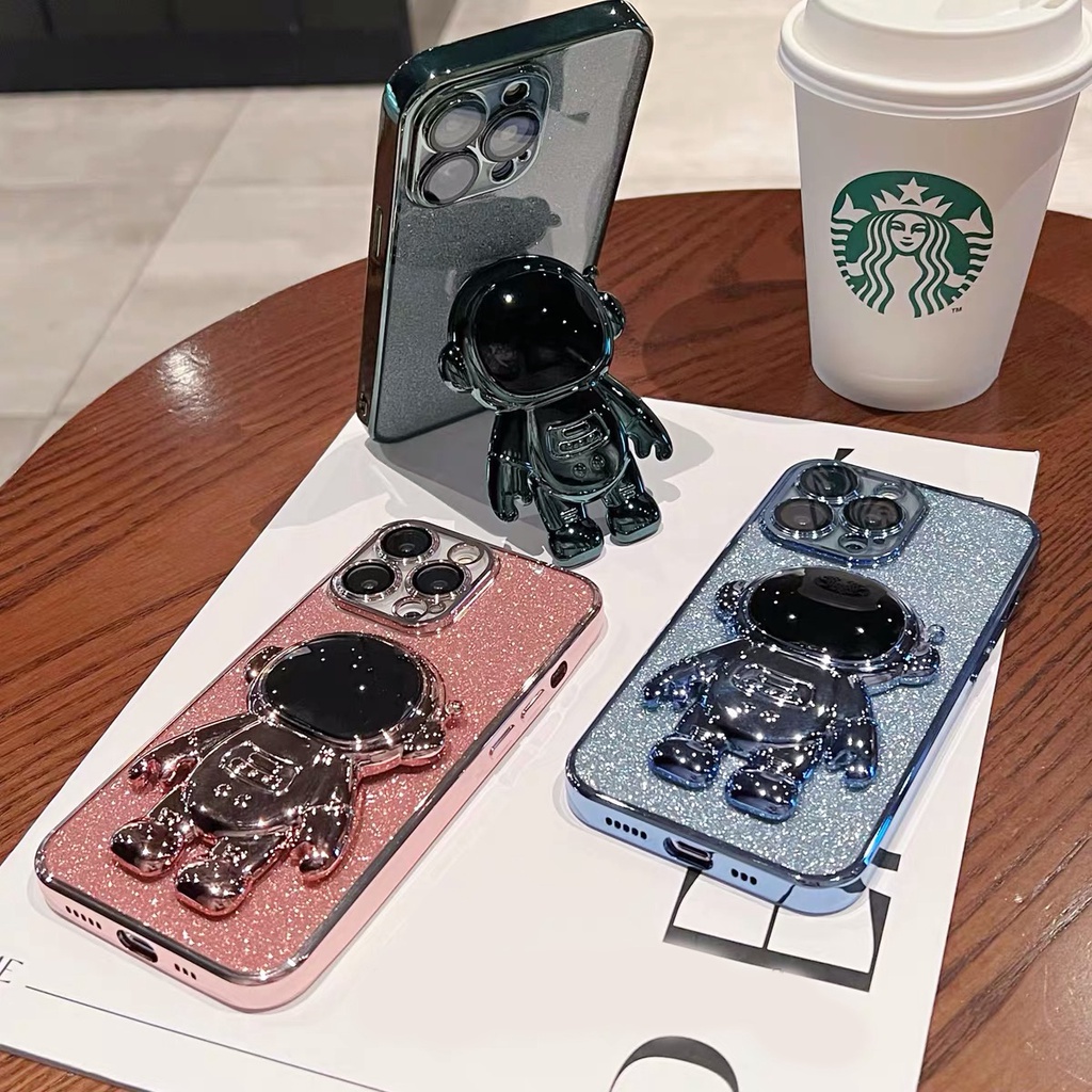 IPHONE Casing Stand Holder Astronot Glitter 3D Mewah Untuk Iphone14 13 11 12 Pro Max Mini X XS Max XR 78 Plus SE 2020 Silikon Cover