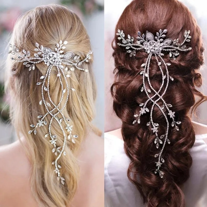 Ikat Rambut Kristal Bunga Elegan/Bridal Rantai Rumbai Panjang Berlian Imitasi Sisir Rambut/Wanita Pesta Perjamuan Braided Hiasan Kepala