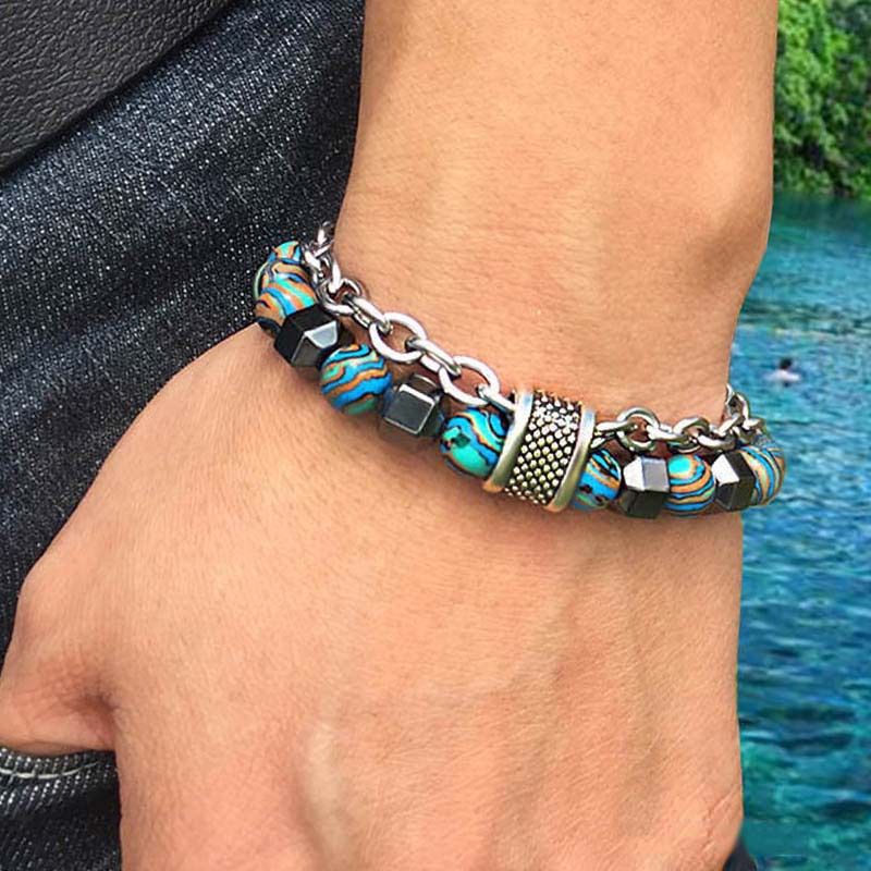 Gelang Manik-Manik Logam Malachite Gelang Hip Hop Fashion Pria，gelang pria titanium keren