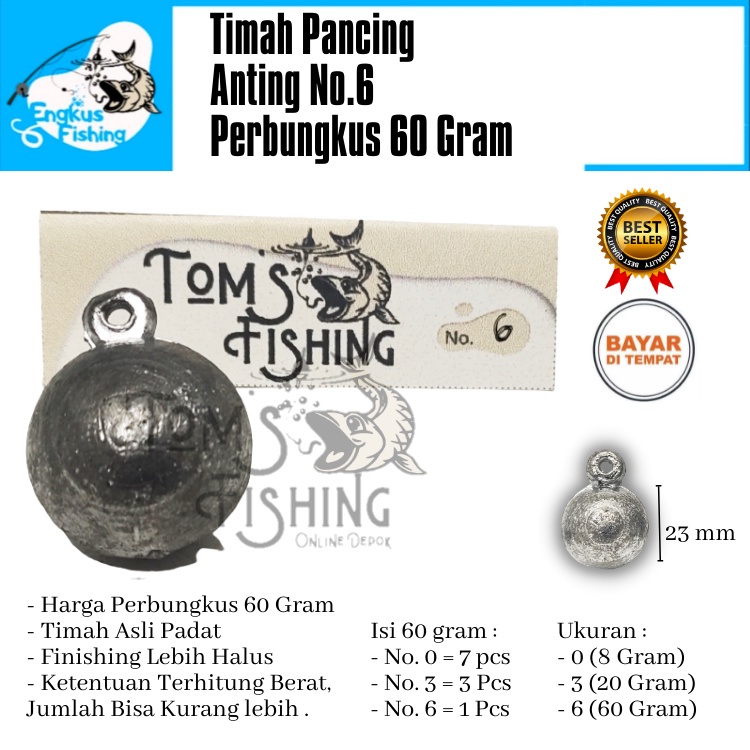 Timah Pancing Model Anting Bulat Perbungkus 60gram (No.0/8gr, 3/20gr &amp; 6/60gr) Murah - Engkus Fishing