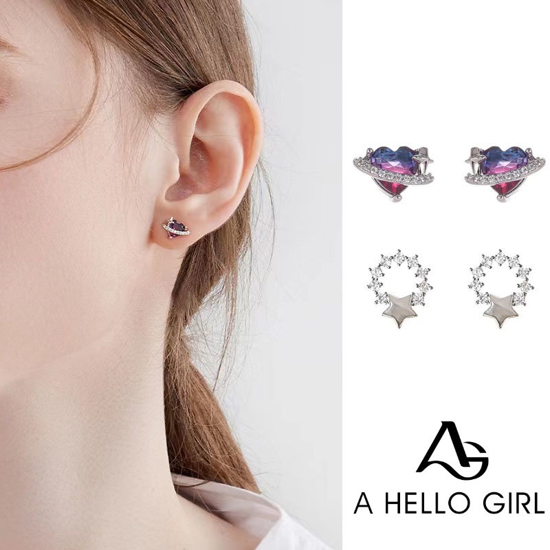 S925 Silver Needle Korea Fashion Warna Berlian Love Berlian Bintang Stud Earrings Untuk Pacar