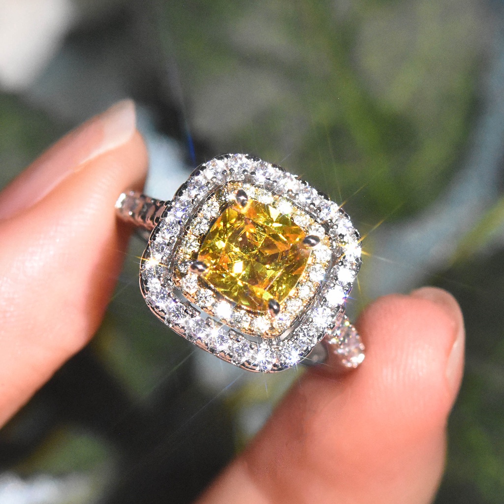 Goldkingdom Aksesoris Perhiasan Fashion Ready Stock Platinum Disepuh Impor Mosan Berlian Square Group Set Cincin Lamaran Berlian Kuning Princess Square Diamond Wanita Ring