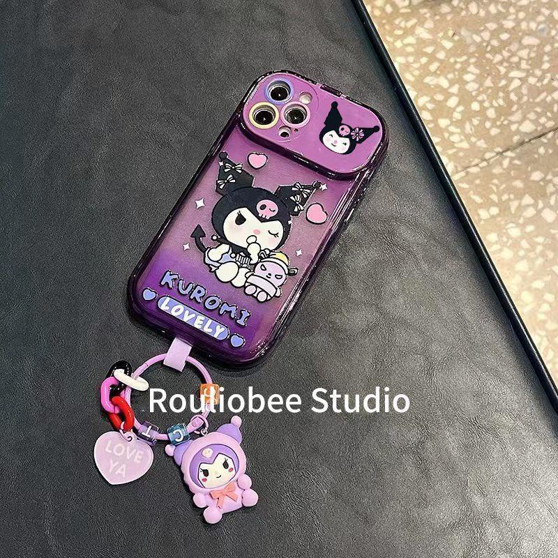 IPHONE Kuromi Liontin Makeup Mirror Holder TPU Phone Case Untuk Iphone11 12 13 Pro Max X/Xs Xr 7Plus 8Plus