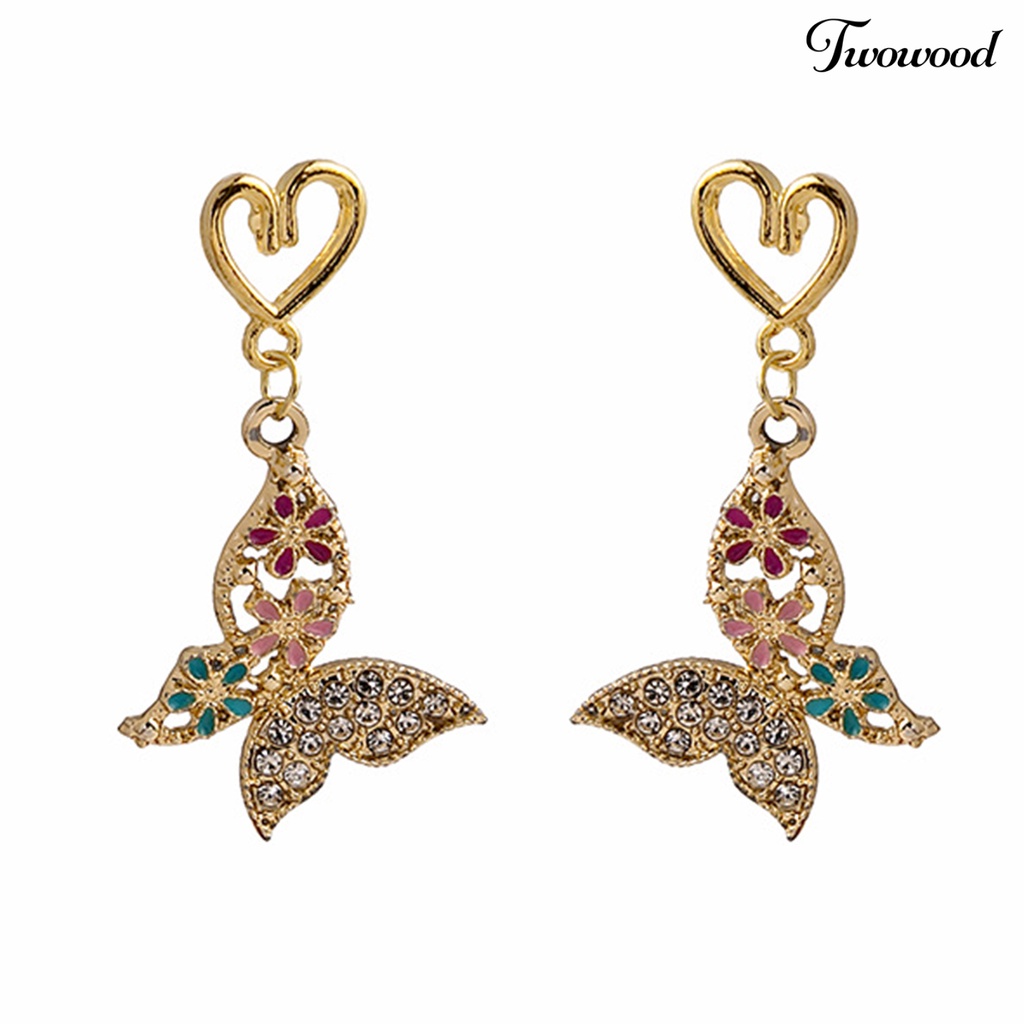 Twowood 1pasang Anting Stud Desain Pengadilan Kerajaan Yang Indah Berkilau Tinggi Hias Berlian Imitasi Pola Geometris Dress Up Aksesori Perancis Retro Kupu-Kupu Menjuntai Anting Untuk Pacaran