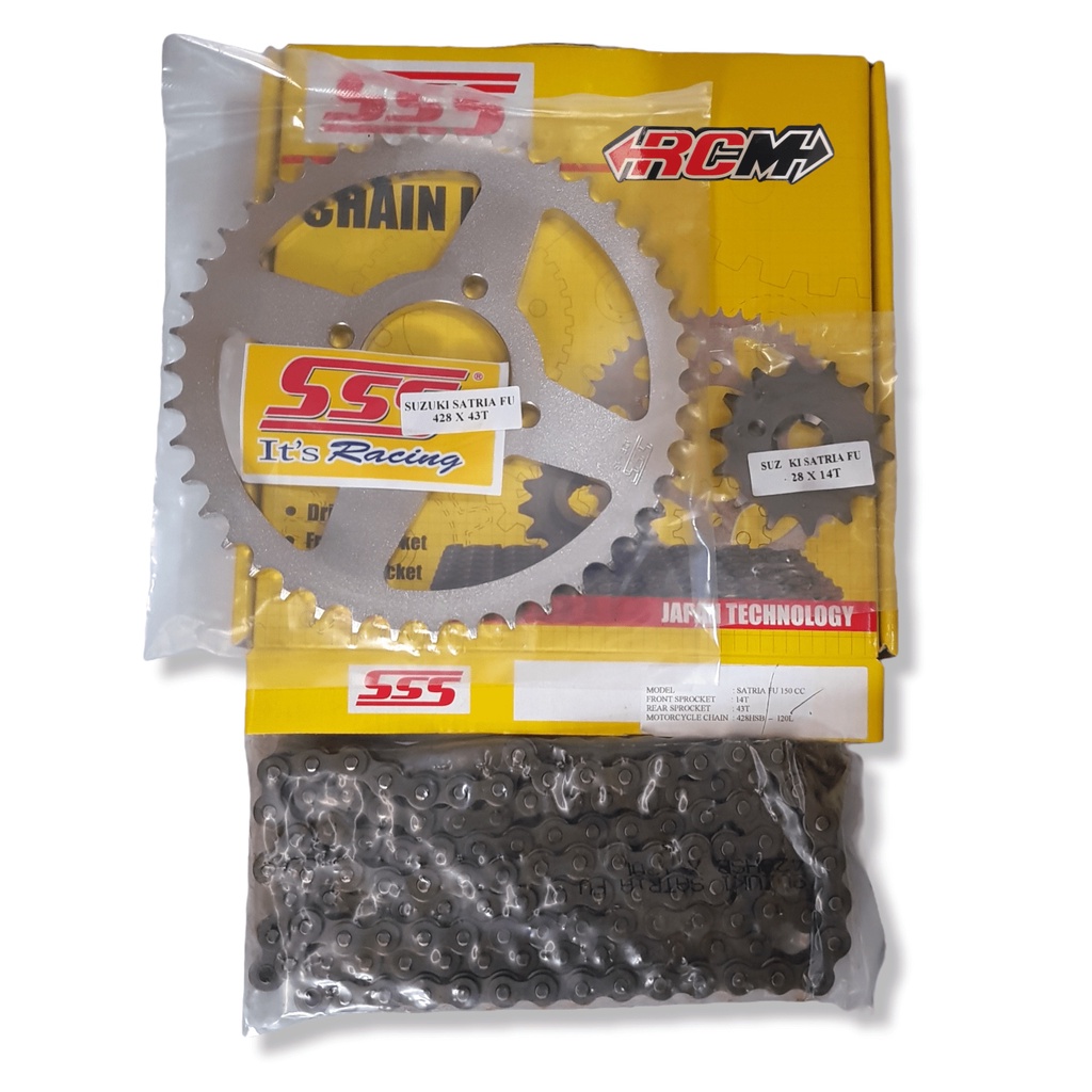 GEAR GER GIR SET KIT CHAINKIT CHAIN KIT SSS SATRIA FU 150CC DPN UK 428 X 14 BLKNG 428 X 43 RANTE RANTAI 428HSBX120L 428HSB X 120L ORI ORIGINAL SSS ASLI