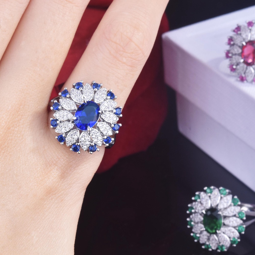 Goldkingdom Aksesoris Perhiasan Fashion Ready Stock Cincin Permata Biru Industri Berat Ringan 2karat Eropa Dan Amerika Cincin Pembukaan Togel Olahraga Mewah Ringan Perempuan.