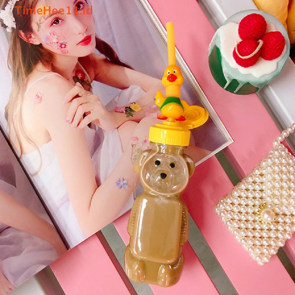 Timehee Botol Air Straw Cup Beruang Kartun Lucu Dengan Tutup Sedotan Plastik Hewan Untuk Anak ID