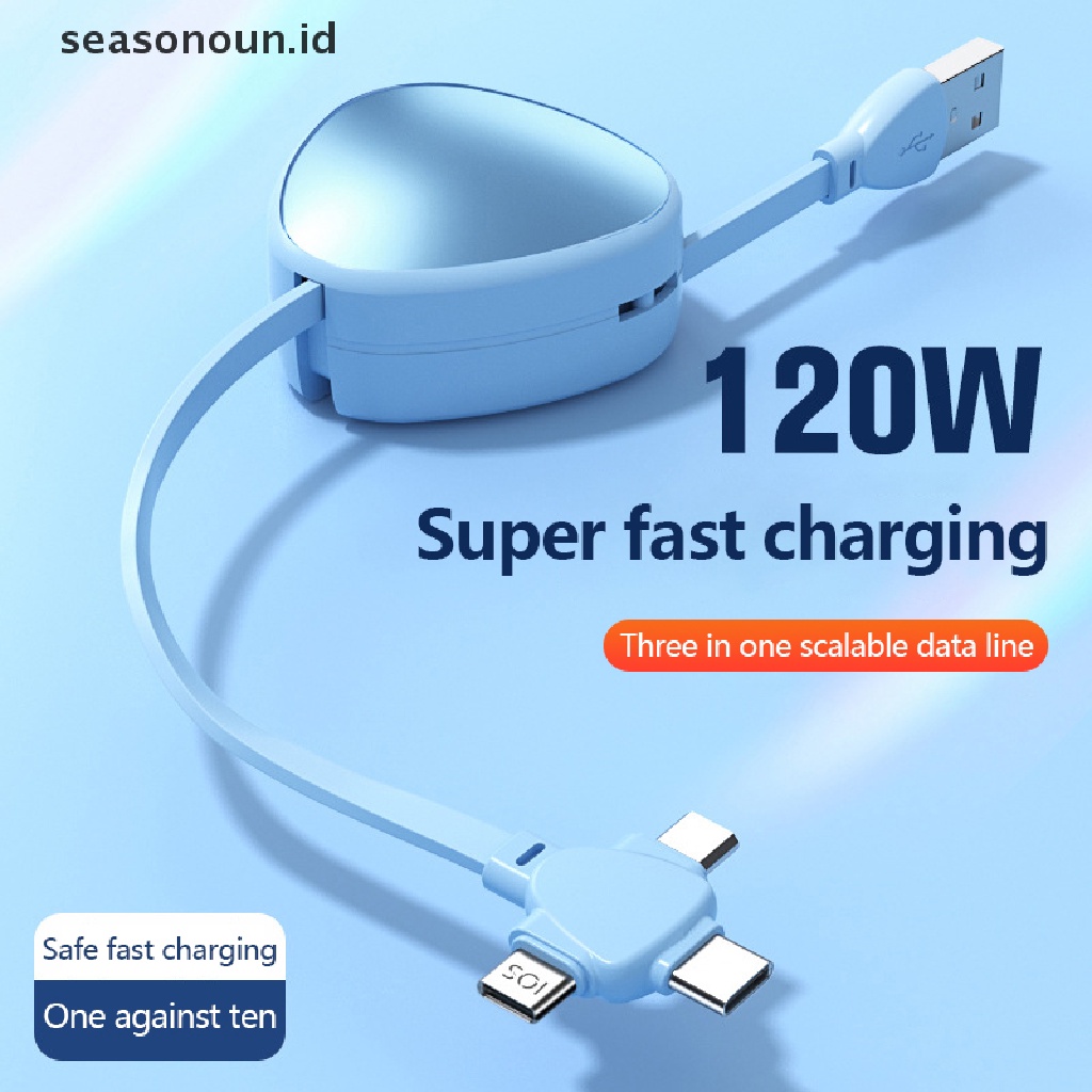 Seasonoun Kabel Charge USB 3in1 6A 120W Untuk Telepon Ditarik Portable Micro USB Type-C Cable Charging Cable.