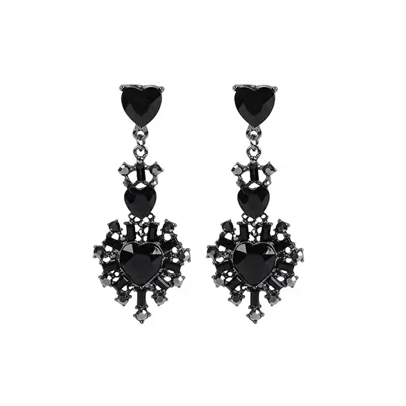 Goldkingdom Aksesoris Perhiasan Fashion Ready Stock Anting Hati Hitam Emas Black Zircon Gemstones Diamonds Maiden Love Stud Earrings