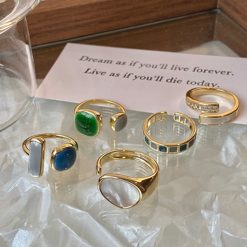 Roselife Korea Vintage Emas Shell Hijau Biru Permata Terbuka Cincin Untuk Wanita Perempuan Trendi Susun Rings Adjustable Finger Cuff Perhiasan Aksesoris