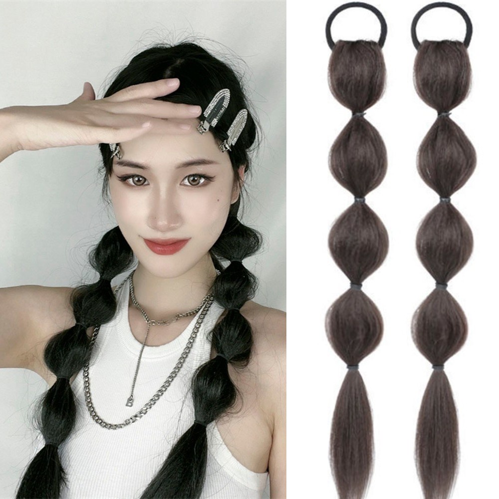 2 Pcs Bubble Braid Wig Natural Double Ponytail Rambut Ekstensi Manis Keren Aksesoris Rambut Gadis