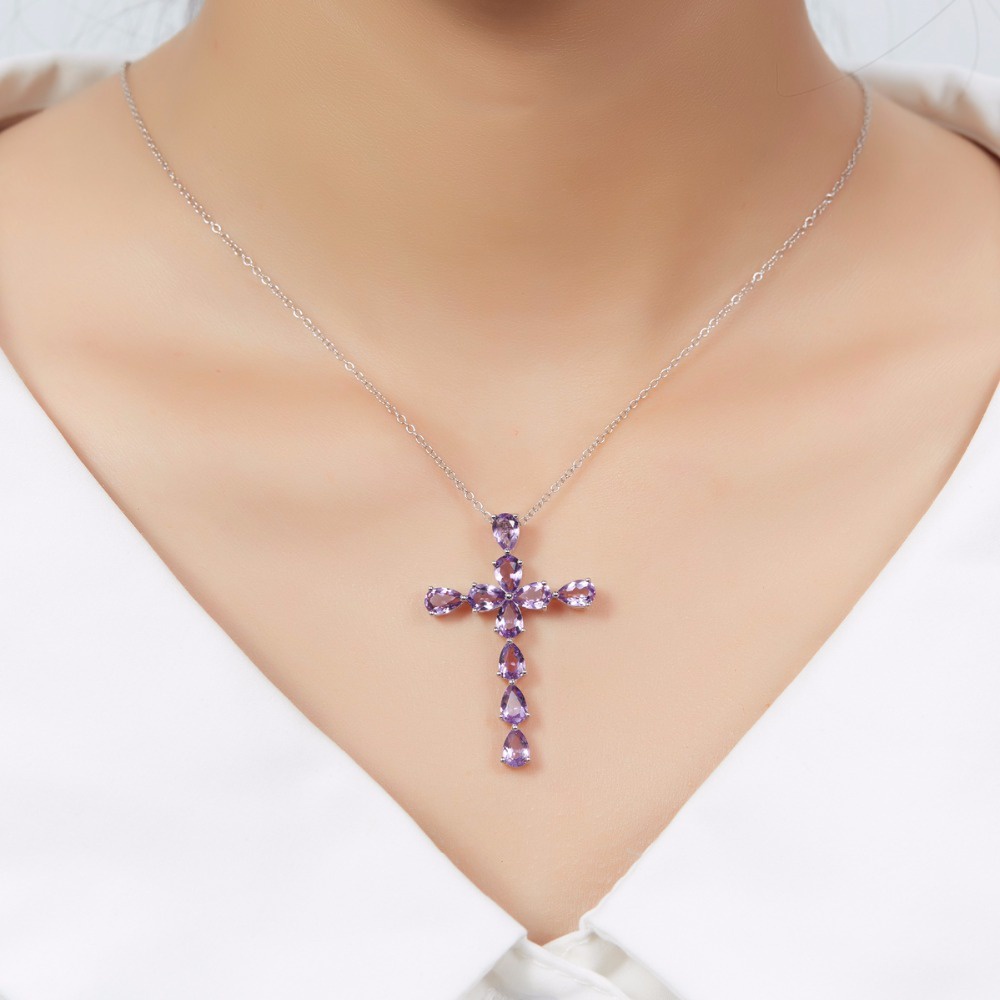 Goldkingdom Fashion Perhiasan Aksesoris Ready Stock Perak Disepuh Amethyst Berwarna Batu Permata Salib Liontin Perempuan Klavikula Kalung