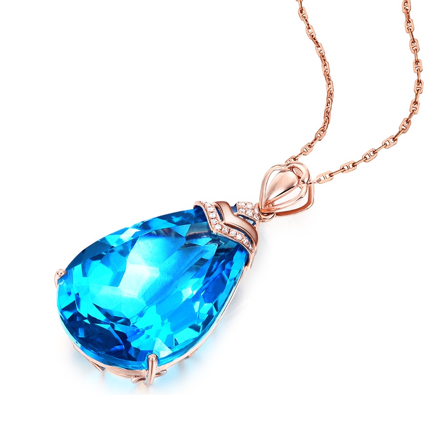 Goldkingdom Aksesoris Perhiasan Fashion Ready Stock Seri Harta Karun Warna-Warni Dengan Topaz Biru Laut Tetes Air Pear Liontin Untuk Wanita Berlapis Rose Gold Kalung