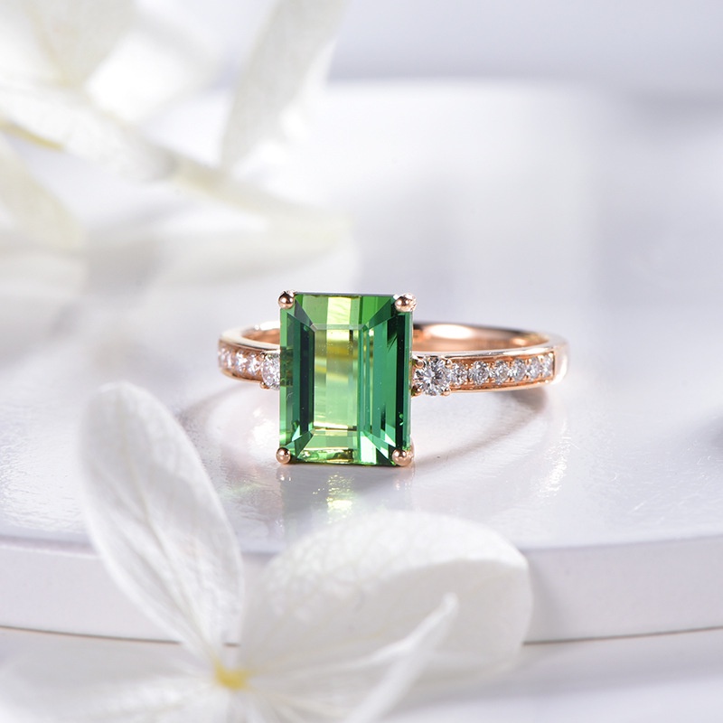 Goldkingdom Aksesoris Perhiasan Fashion Ready Stock Green Tourmaline Ring Plated Dengan Rose Gold Hias Dengan Warna Emerald Treasure Open Ring Female