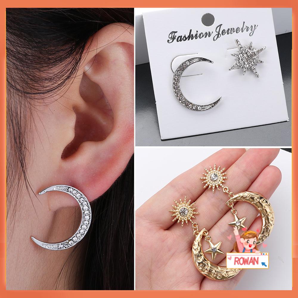 R-flower Moon And Star Earrings Tren Desain Asimetris Angkasa Langit Langit Hip Hop Punk Earring