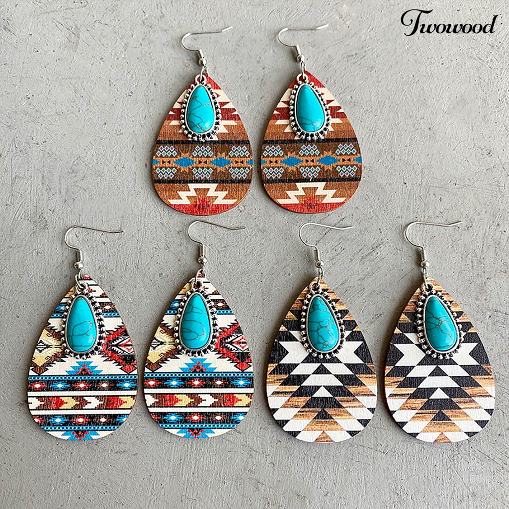 Twowood 1pasang Menjuntai Anting Bohemian Retro Gaya Etnik Imitasi Turquoise Pola Aztec Berdandan Hadiah Wanita Tetesan Air Liontin Anting Boho Perhiasan