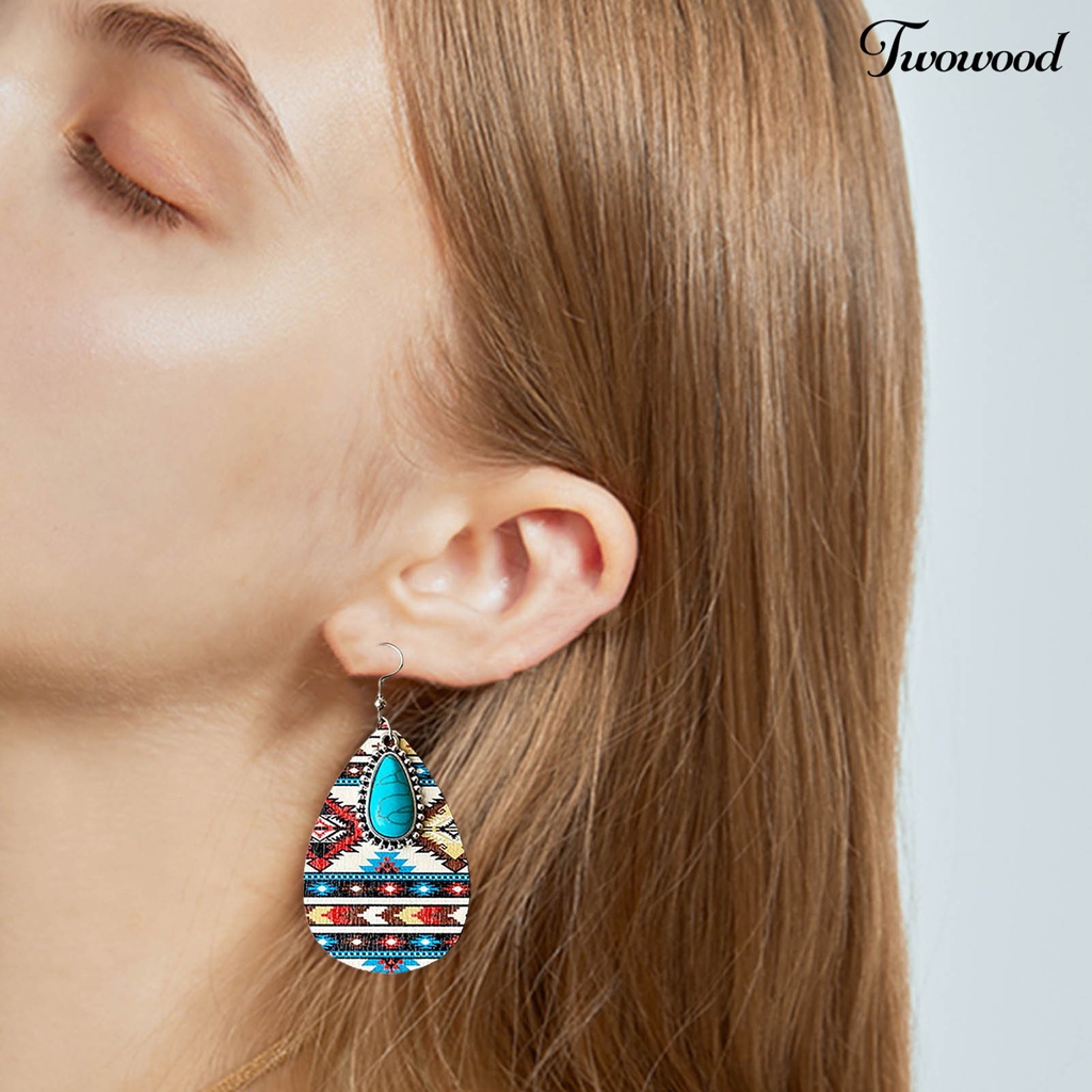 Twowood 1pasang Menjuntai Anting Bohemian Retro Gaya Etnik Imitasi Turquoise Pola Aztec Berdandan Hadiah Wanita Tetesan Air Liontin Anting Boho Perhiasan