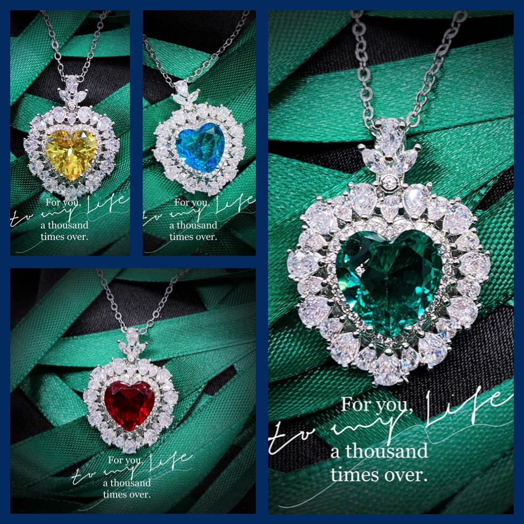 Goldkingdom Aksesoris Perhiasan Fashion Ready Stock Cross-border Siaran Hidup Cinta Inlay Simulasi Liontin Warna-Warni Simulasi Emerald Love Ruby Kalung.