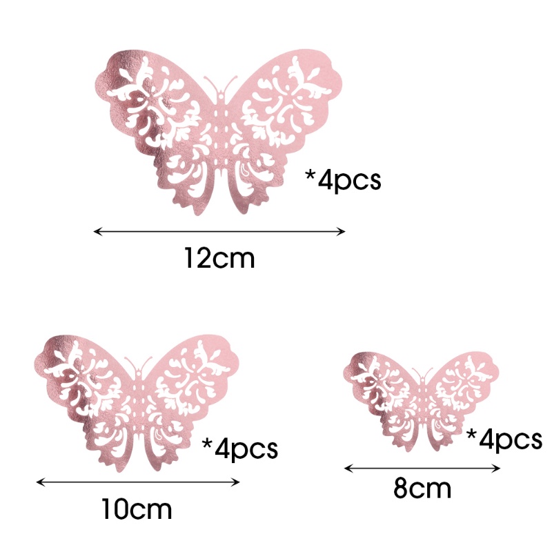 12pcs Kue Roti Dekorasi Kertas Kupu-Kupu Rosegold 3D Butterfly Stiker Removable Efek Cermin Wallpaper Glittering Party Art DIY Decals Pintu Jendela Kulkas Dekorasi