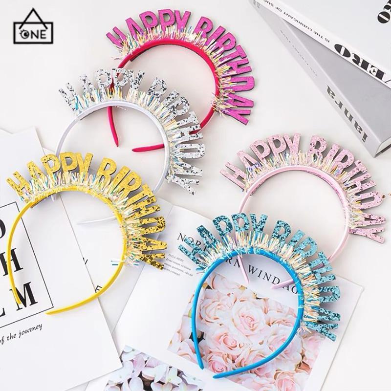 COD❤️Bando Ulang Tahun Warna-warni Gaya Kreatif DIY Selamat Hairband Tata Letak Tempat Pesta Warna Cerah-A.one