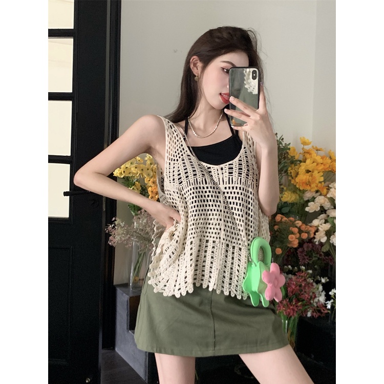 Red Setelan Retro Wanita Tanpa Lengan Berongga Merajut Rompi Overshirt Kecil Yang Indah Sling Musim Panas Ramping Rok Set Tiga Potong