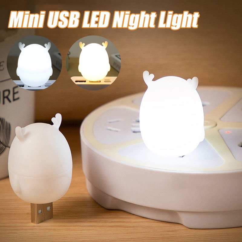 Rusa Lucu Mini USB Lampu Malam LED Super Terang Perlindungan Mata Lampu Buku Hemat Energi Lampu Baca Komputer Ponsel Power Charging Plug Light