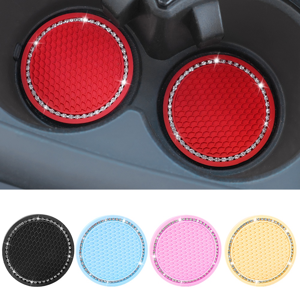 1pasang Grid Honeycomb Multifunctiona Car Water Cup Bantal Anti Selip/Tergabung Berlian Imitasi Alas Tatakan Gelas Air/Interior Auto Water Cup Rubber Mat/Aksesoris Mobil Modis