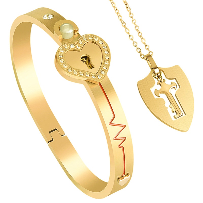 Baja Titanium Cinta Hati Kunci Gelang Bangles Kunci Liontin Kalung Pasangan Set Aksesoris Gelang Untuk Wanita