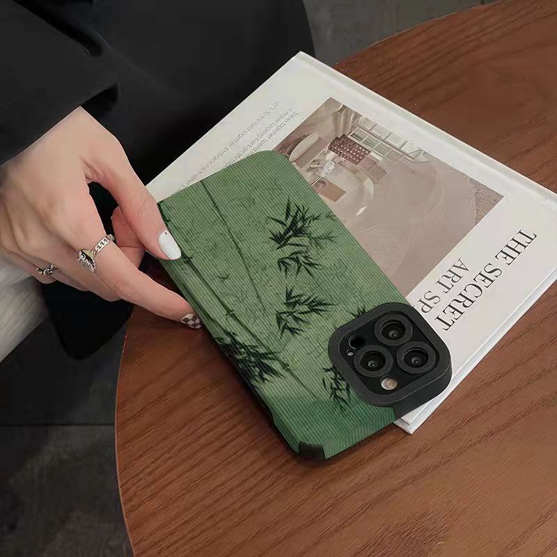 【Lamb Skin】Green bamboo Soft Case for IPhone 6S 7 Plus 8 Plus X XS XR XS Max 11 13 12 14 PRO Max 14 Plus 12 13 Mini Camera Protect Baolongwish Casing