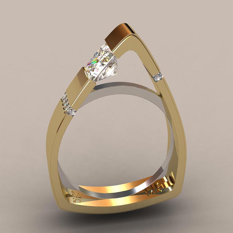 Goldkingdom Fashion Perhiasan Aksesoris Ready Stock Kreatif Geometris Segitiga Berlian Cincin Berlapis Emas Warna Pemisahan Cincin Perempuan