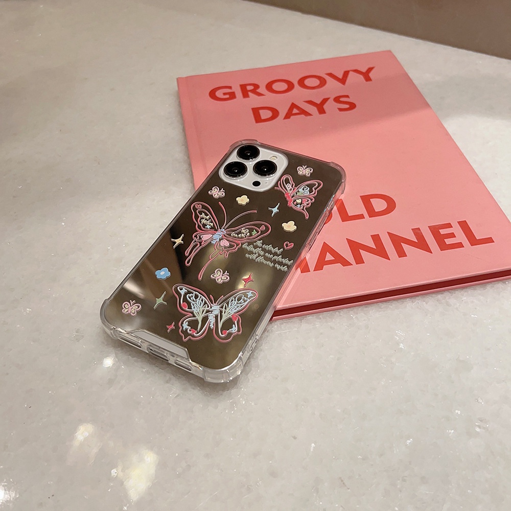 Ins Kupu-Kupu Bermain Dengan Bunga Make Up Cermin Transparan Case Untuk Iphone SE 2020 7 /8 Plus 14x XR XM 11 12 13 PRO MAX Casing Cover Pelindung AT0088