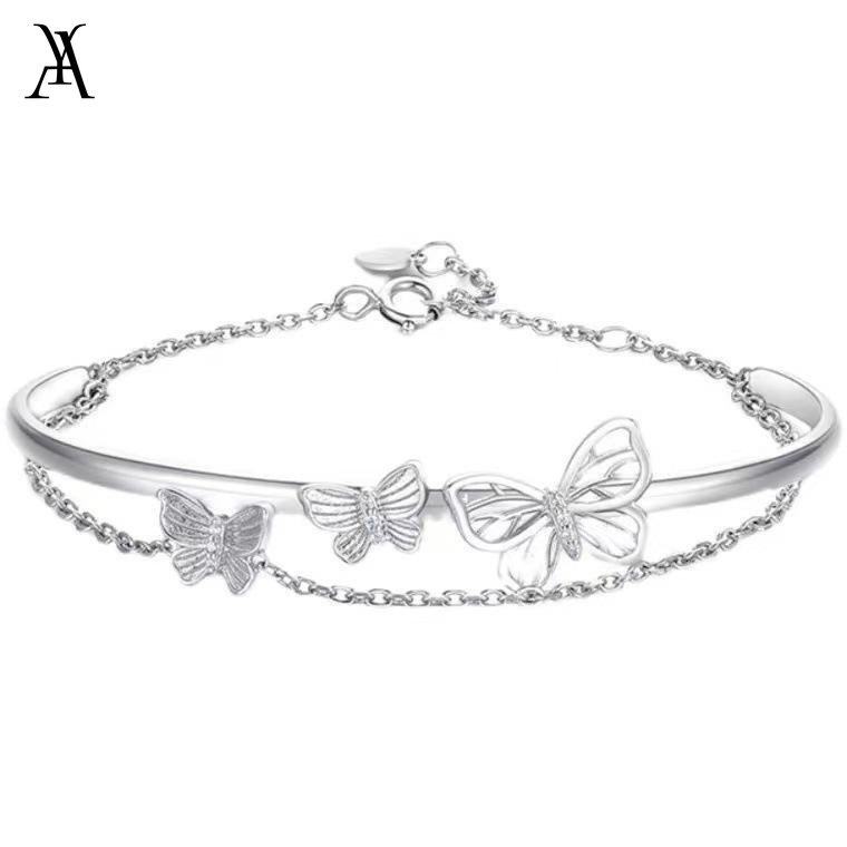 AY(CN) Gelang Rantai Silver Model Butterfly Heart Double Layer Untuk Wanita