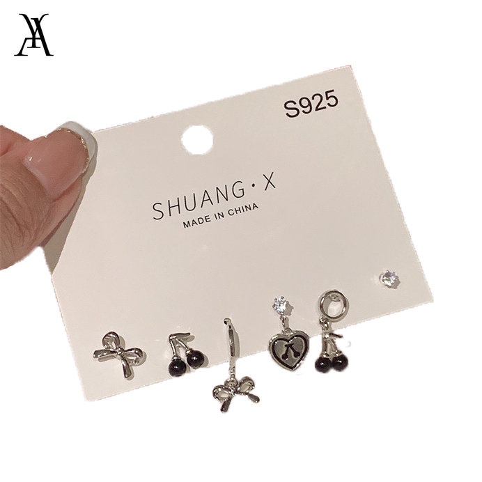 AY(CN) 6pcs / Set Anting Tusuk Bentuk Cherry Hitam Aksen Kristal Untuk Wanita