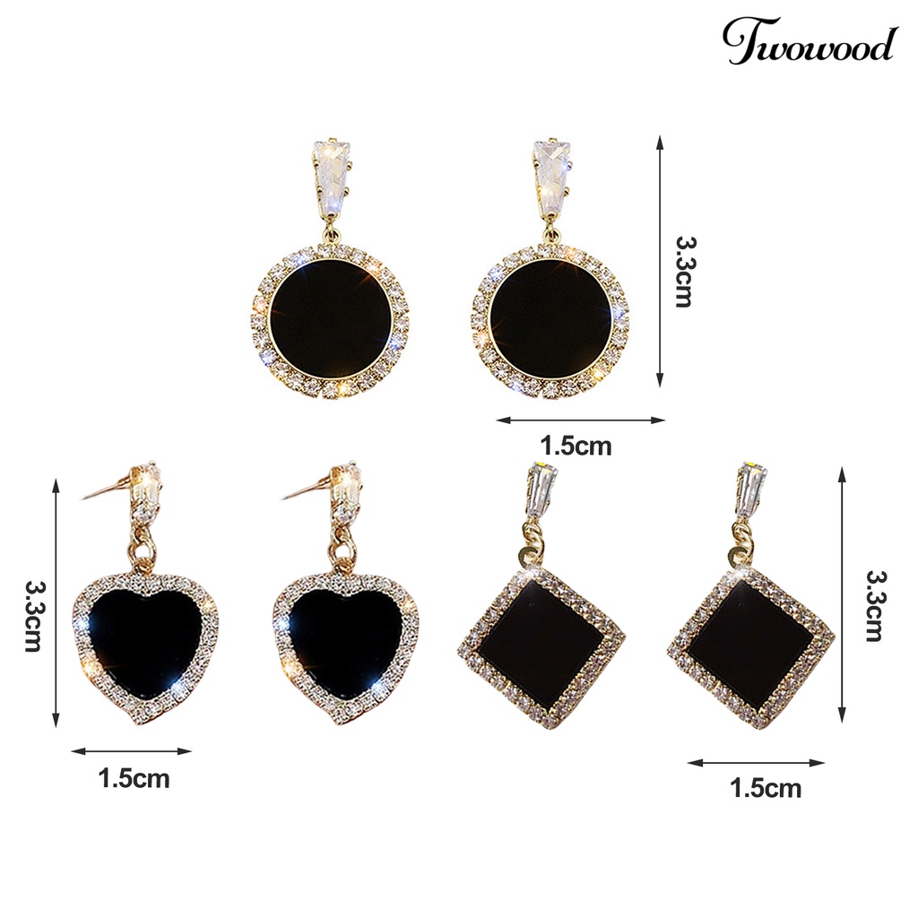 Twowood 1pasang Anting Pejantan Bersinar Perak-Jarum Geometris Menjuntai Electroplating Temperate Dekorasi Eye-catching Hitam Bulat Berlian Imitasi Anting-Anting Aksesoris Pakaian