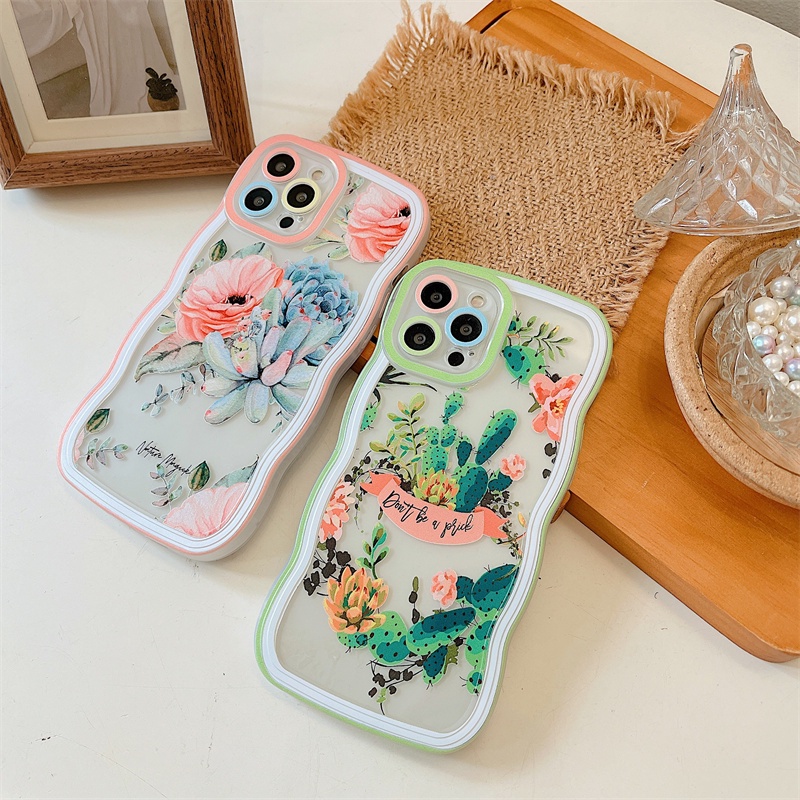 Realme 10 C30 C31 C35 C21Y C25Y RealmeC11 2021 C15 C25 C17 C12 C3 C2 Realme 8i 7i 5 5i 6i 7 Pro Bunga Dan Kaktus Tepi Gelombang TPU Phone Case Cover DGX