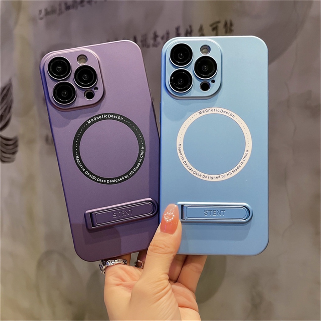 Kamera Mewah Perlindungan Lensa+Stand bracket Case iPhone 14 Pro Max Plus Case Iphone13 12 Pro Max Metal Magnetic Wireless Charging Tertutup Penuh Shockproof Hard Back Cover