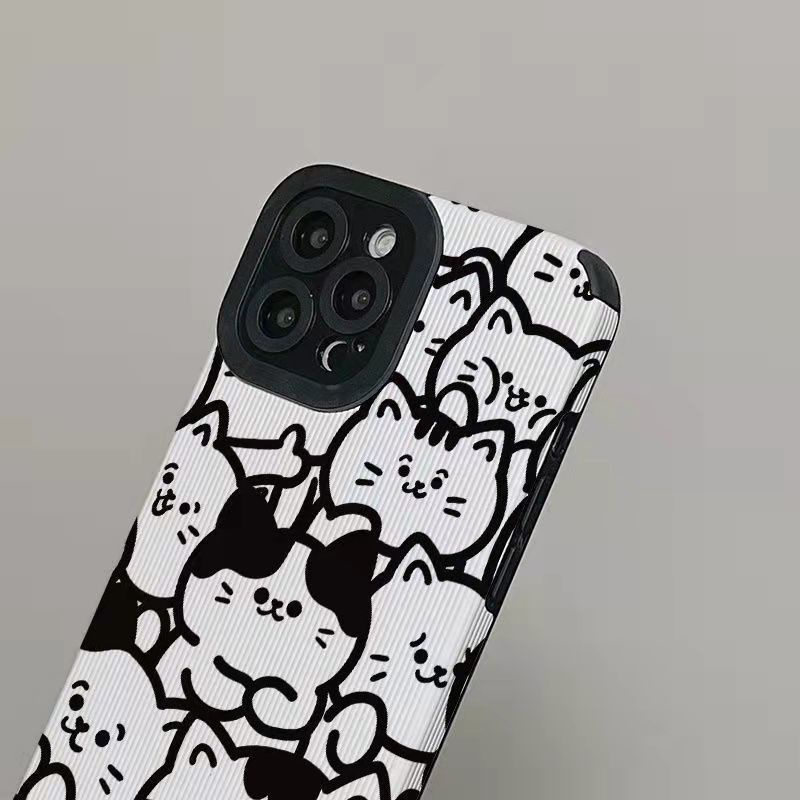 【Lamb Skin】Vertical Grain Soft Case for IPhone 6S 7 Plus 8 Plus X XS XR XS Max 11 13 12 14 PRO Max 14 Plus 13 12 Mini Cute Black and White Line Cat Cartoon