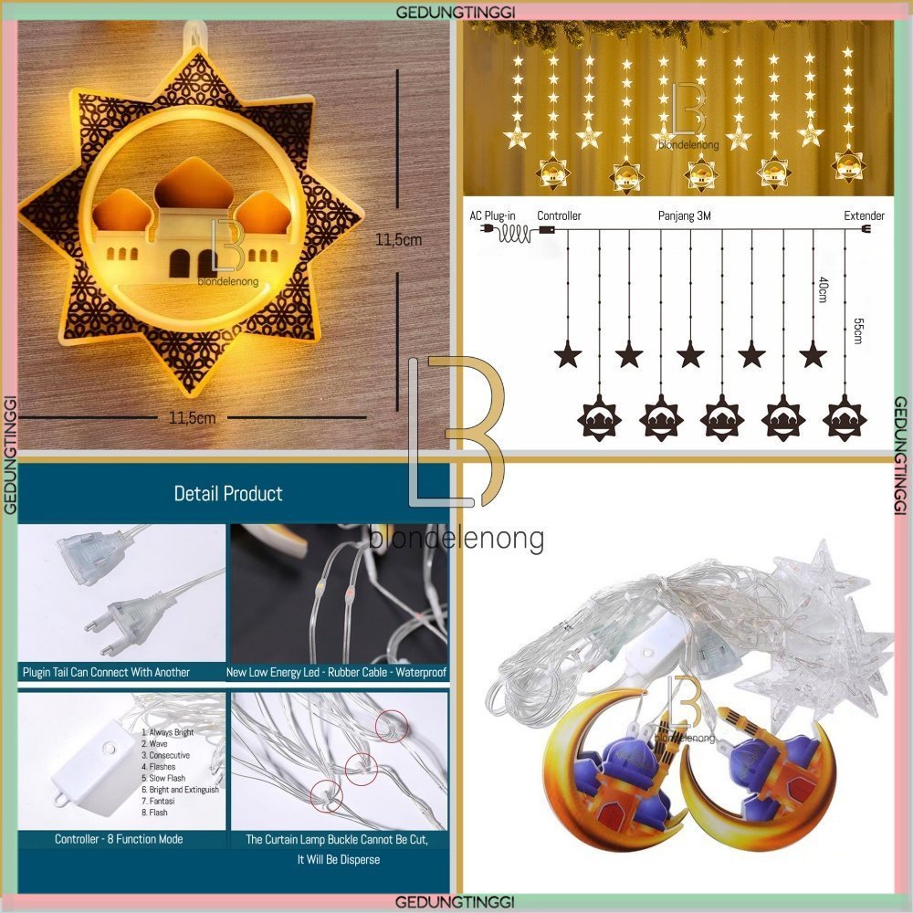 Lampu Tirai Hias Led Panjang Dekorasi Ornamen Ornament Perlengkapan Dekor Lebaran Idul Fitri Ramadhan Ramadan Kareem Ketupat Bulan Bintang Sabit Set Warna Warni Warm White RGB RBG Gantung Cafe Kafe Outdoor Outdor Waterproof Anti Air Hujan Kelap Kelip 2023