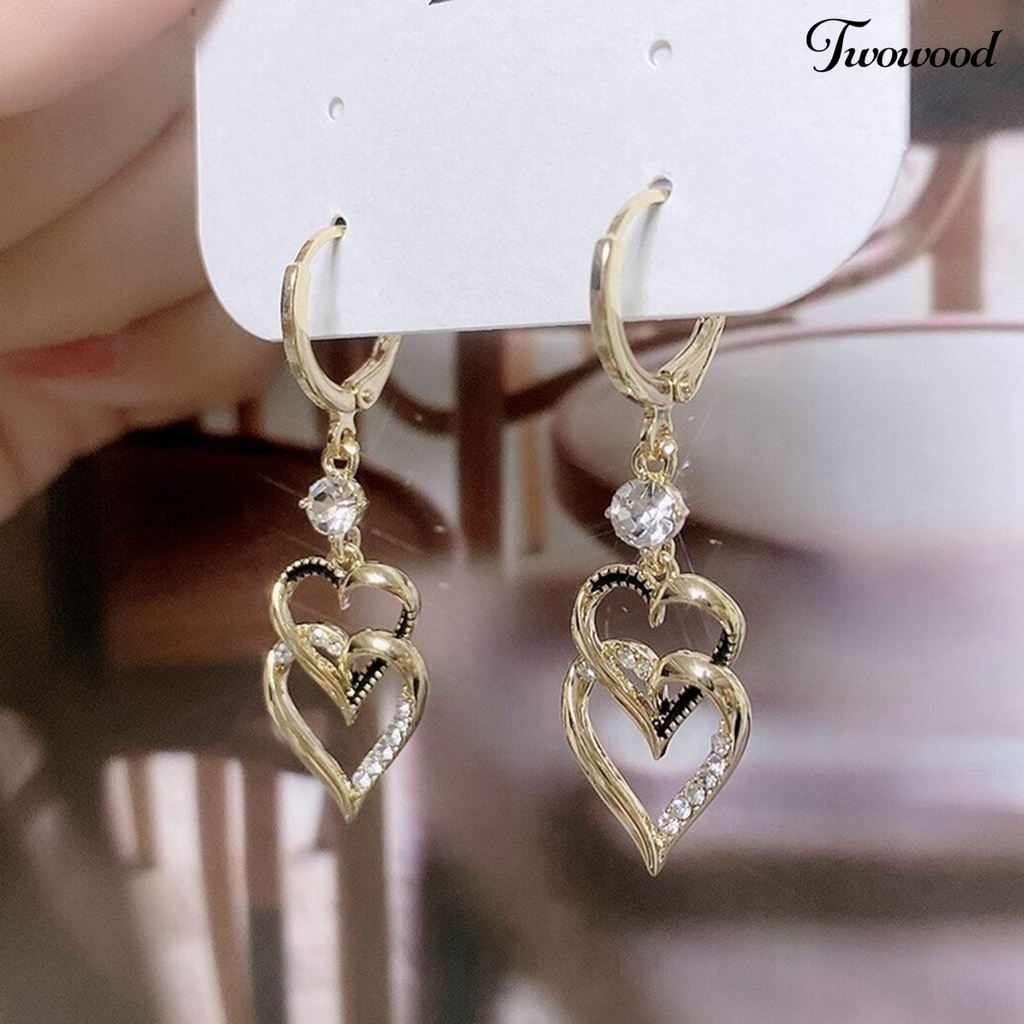 Twowood 1pasang Anting Menjuntai Retro Korea Gaya Double-layers Cinta Hati Berkilau Berlian Imitasi Drop Earrings Fashion Jewelry