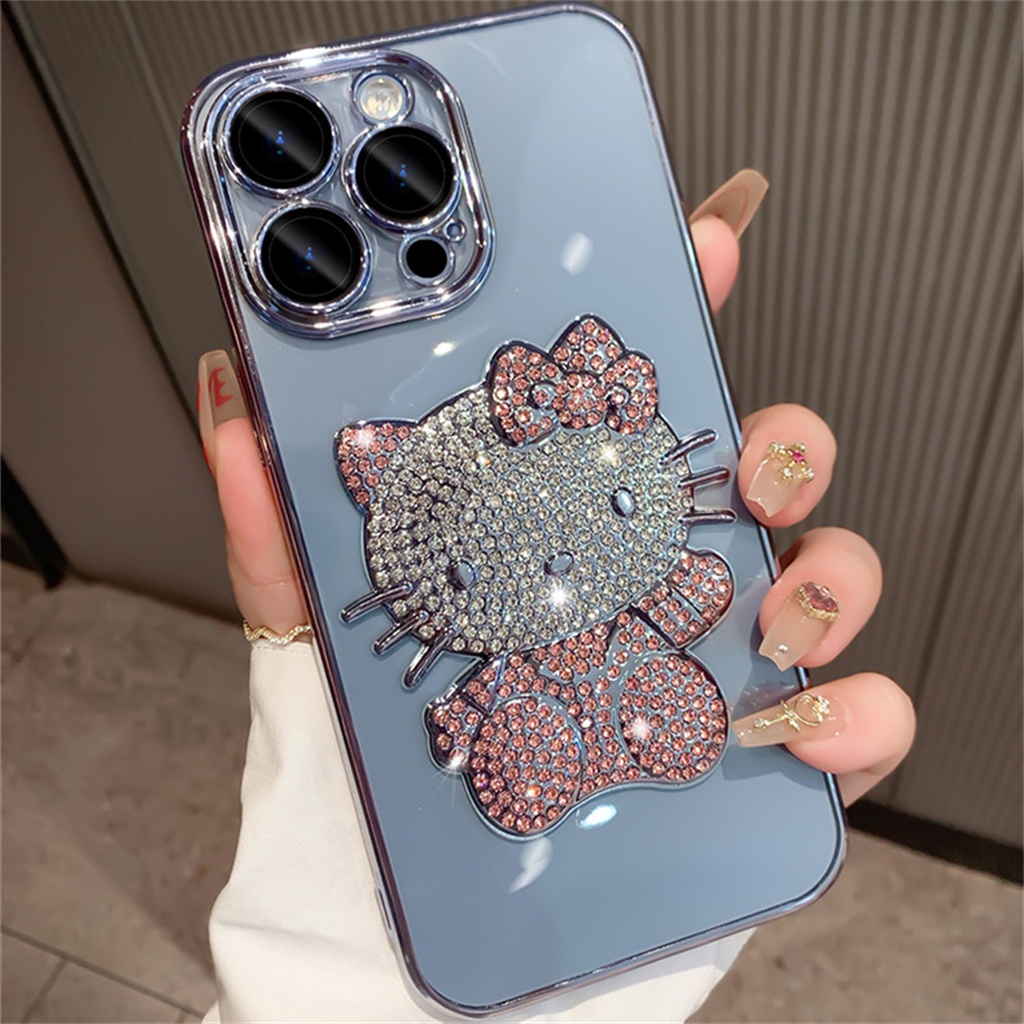 Kartun 3D Berlian Hello Kitty case iphone 14 pro max case iphone 13 12 pro Max14 plus promax Mewah Lensa Kamera Bening Tertutup Penuh Perlindungan shock Lembut Penutup Belakang