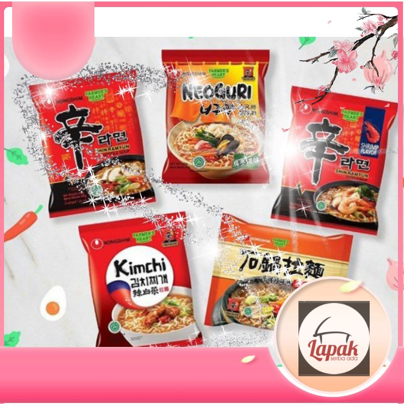 

nongshim / nong shim / mie shin ramyun / kimchi / neoguri udon / shrimp / claypot / jamur