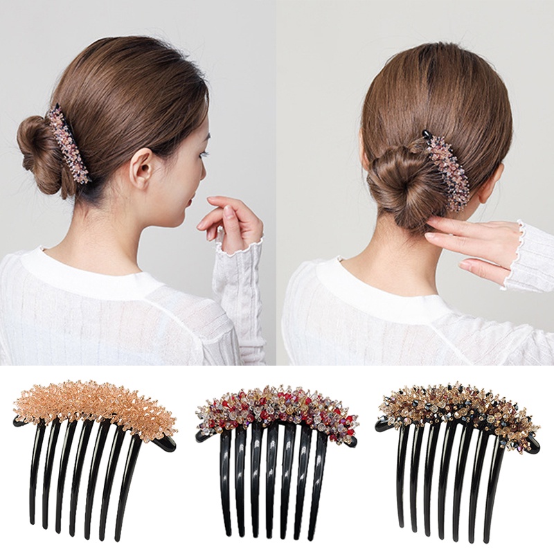 Korea Sederhana Warna Solid Tujuh Gigi Sisir Rambut Manik-Manik Kristal Insert Sisir Non-slip Mengkilap Elegan Poni Sisir Aksesoris Rambut